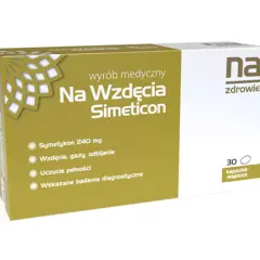 Opakowanie leku "Na Wzdęcia Simeticon" - najskuteczniejszy lek na wzdęcia, zawiera 30 kapsułek miękkich.