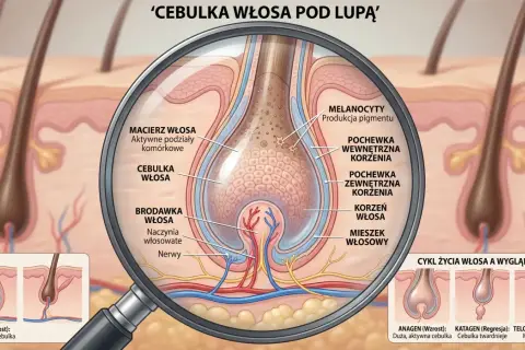 Szczegółowy przekrój przez cebulkę włosa pod lupą, ukazujący jej budowę i cykl życia. Widoczna macierz włosa, brodawka z naczyniami i nerwami, a także mieszki i pochewki.