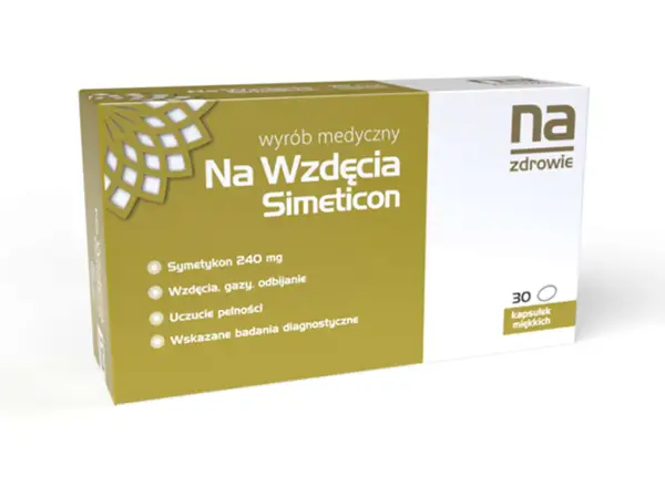 Opakowanie leku "Na Wzdęcia Simeticon" - najskuteczniejszy lek na wzdęcia, zawiera 30 kapsułek miękkich.